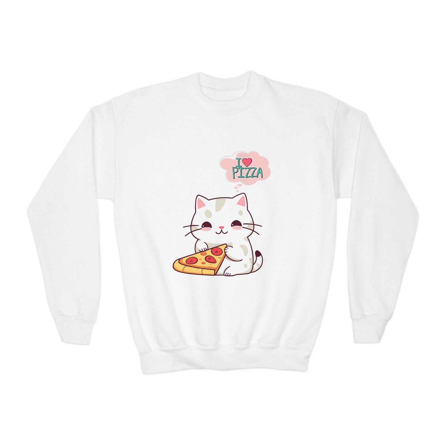 Youth Sweatshirt Cozy Blend 50/50 Cotton Polyester Loose Fit Medium-Heavy Fabric, Kids Wear, Cute Cat With Pizza, I Love Pizza, Comfortable And Stylish