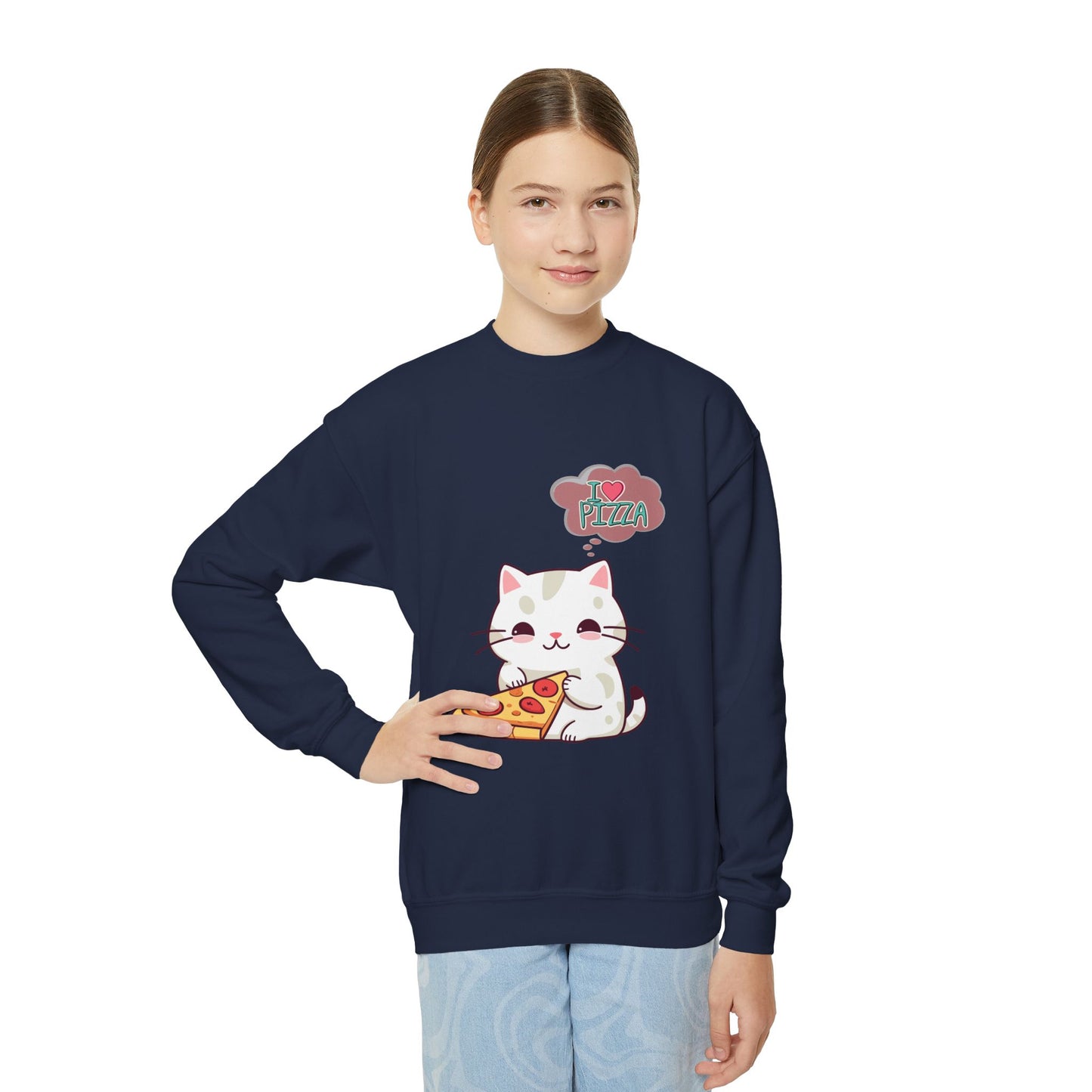 Youth Sweatshirt Cozy Blend 50/50 Cotton Polyester Loose Fit Medium-Heavy Fabric, Kids Wear, Cute Cat With Pizza, I Love Pizza, Comfortable And Stylish