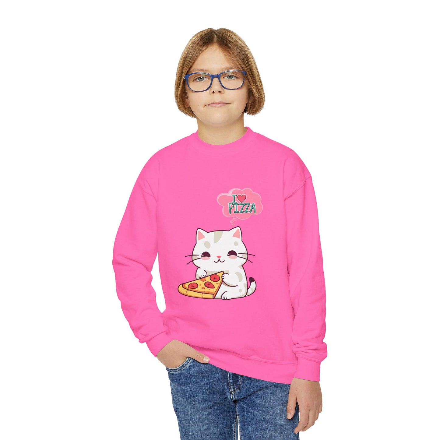 Youth Sweatshirt Cozy Blend 50/50 Cotton Polyester Loose Fit Medium-Heavy Fabric, Kids Wear, Cute Cat With Pizza, I Love Pizza, Comfortable And Stylish