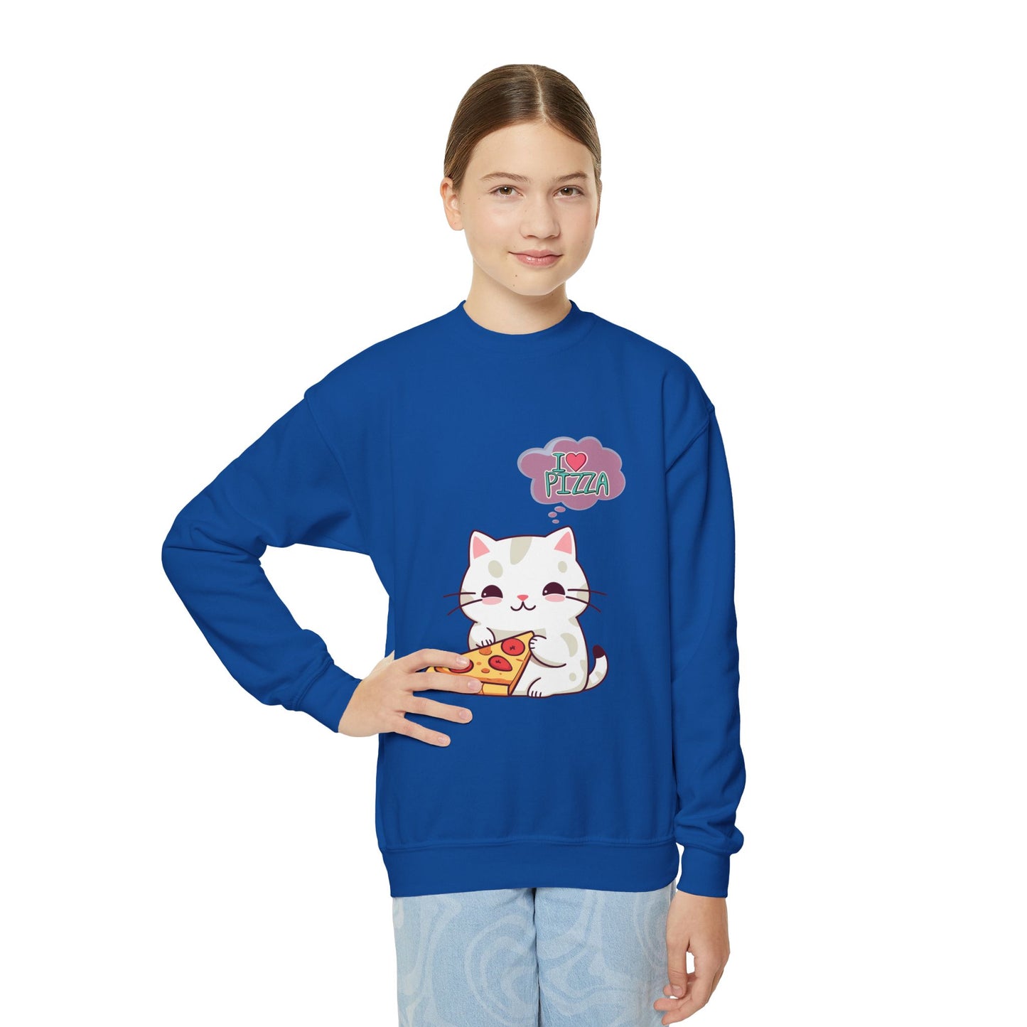 Youth Sweatshirt Cozy Blend 50/50 Cotton Polyester Loose Fit Medium-Heavy Fabric, Kids Wear, Cute Cat With Pizza, I Love Pizza, Comfortable And Stylish