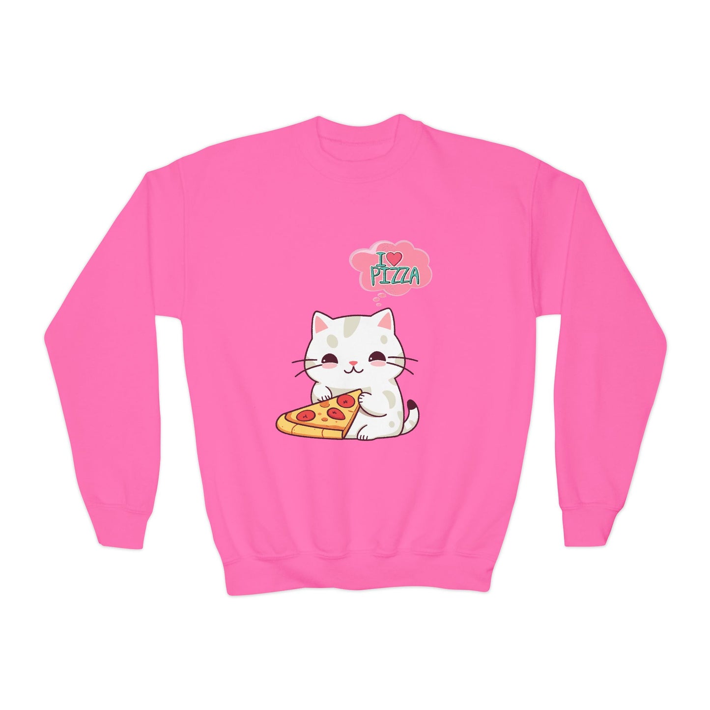 Youth Sweatshirt Cozy Blend 50/50 Cotton Polyester Loose Fit Medium-Heavy Fabric, Kids Wear, Cute Cat With Pizza, I Love Pizza, Comfortable And Stylish