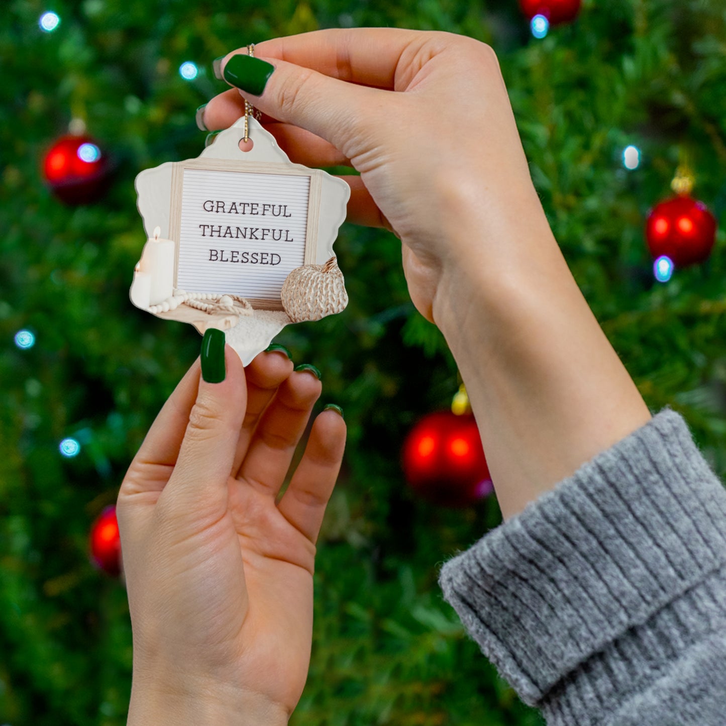 Christmas Ceramic Ornaments,  Home Decor, Grateful Thankful And Blessed Ornament