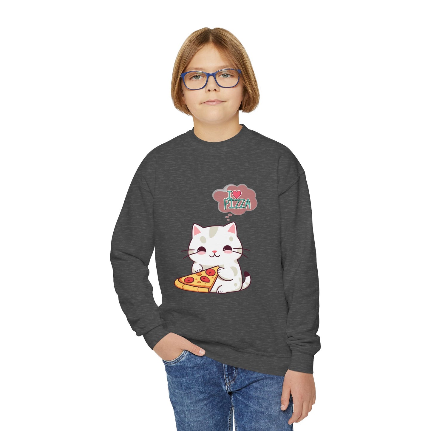 Youth Sweatshirt Cozy Blend 50/50 Cotton Polyester Loose Fit Medium-Heavy Fabric, Kids Wear, Cute Cat With Pizza, I Love Pizza, Comfortable And Stylish