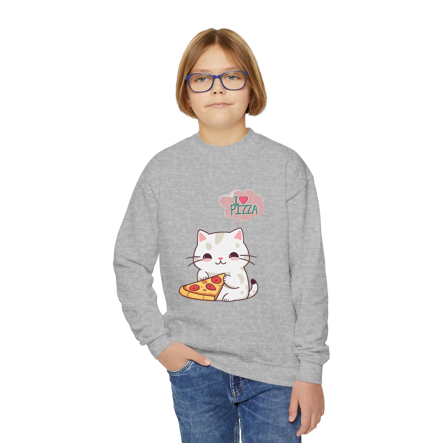 Youth Sweatshirt Cozy Blend 50/50 Cotton Polyester Loose Fit Medium-Heavy Fabric, Kids Wear, Cute Cat With Pizza, I Love Pizza, Comfortable And Stylish