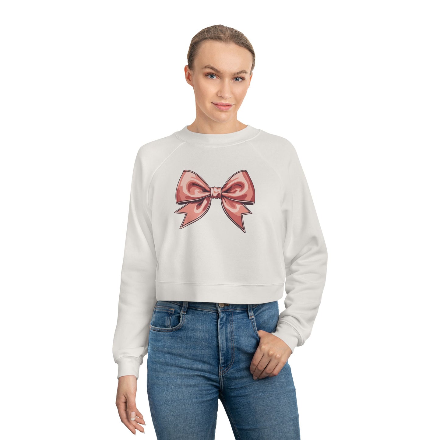 Chic Women's Cropped Fleece Pullover with Bow and No Drama Design