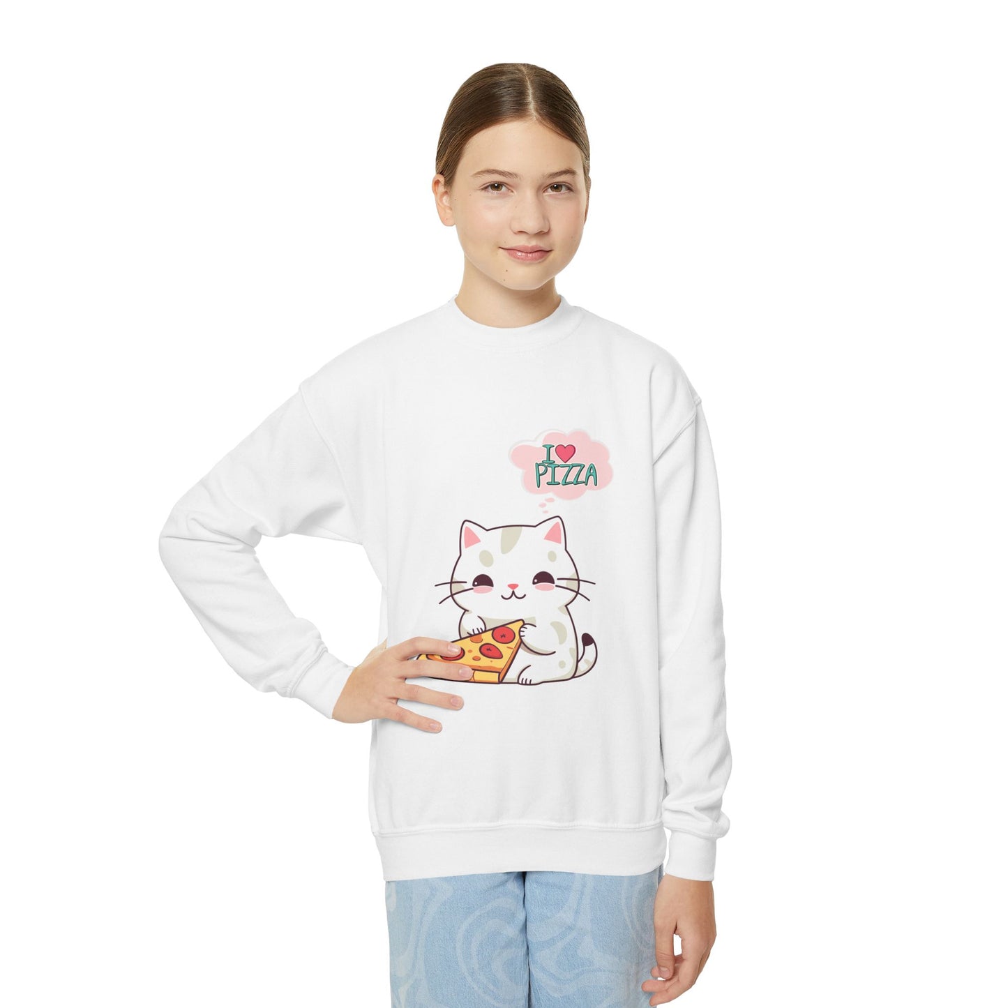 Youth Sweatshirt Cozy Blend 50/50 Cotton Polyester Loose Fit Medium-Heavy Fabric, Kids Wear, Cute Cat With Pizza, I Love Pizza, Comfortable And Stylish