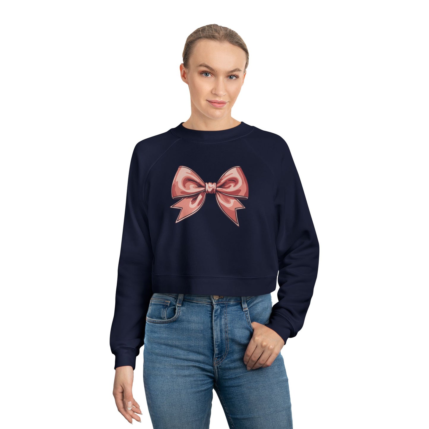 Chic Women's Cropped Fleece Pullover with Bow and No Drama Design