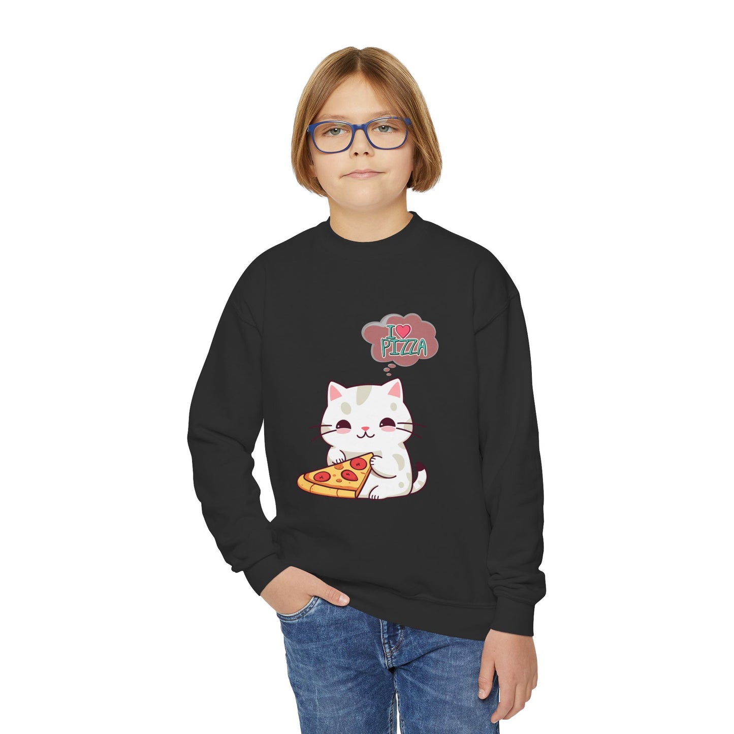 Youth Sweatshirt Cozy Blend 50/50 Cotton Polyester Loose Fit Medium-Heavy Fabric, Kids Wear, Cute Cat With Pizza, I Love Pizza, Comfortable And Stylish