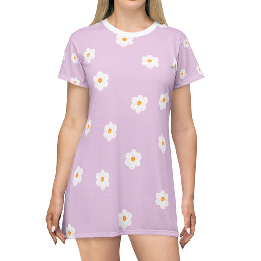 Floral Short Sleeve T-Shirt Dress - Cute Lavender Daisy Design for Spring & Summer Style