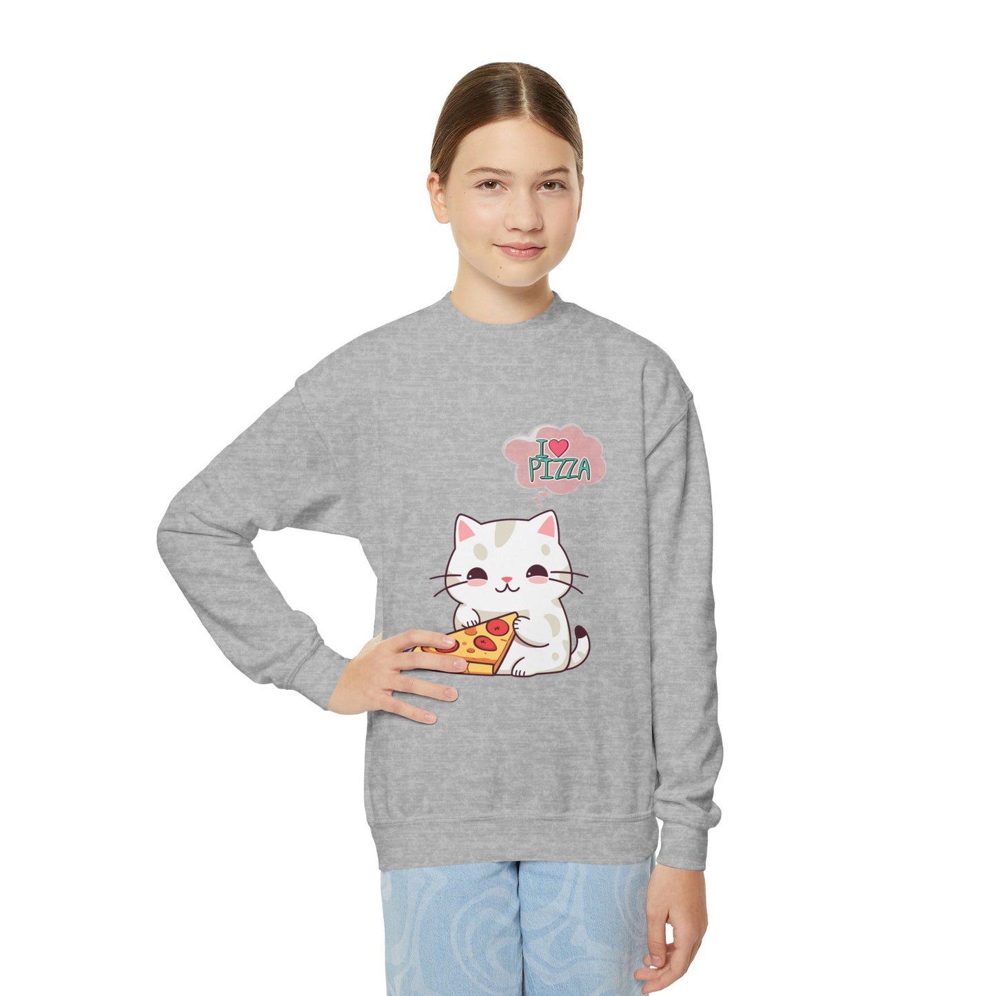 Youth Sweatshirt Cozy Blend 50/50 Cotton Polyester Loose Fit Medium-Heavy Fabric, Kids Wear, Cute Cat With Pizza, I Love Pizza, Comfortable And Stylish