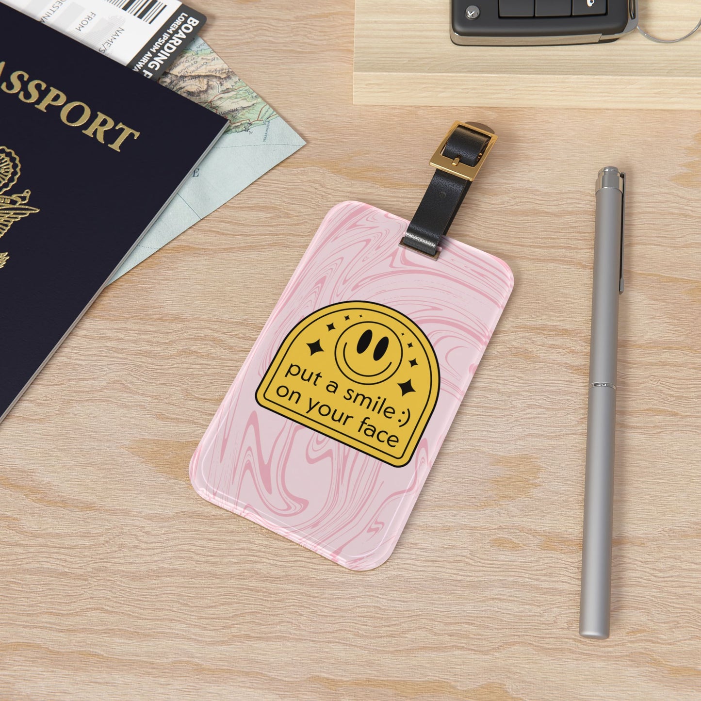 Fun Smiley Luggage Tag – 'Put a Smile on Your Face' Travel Accessory