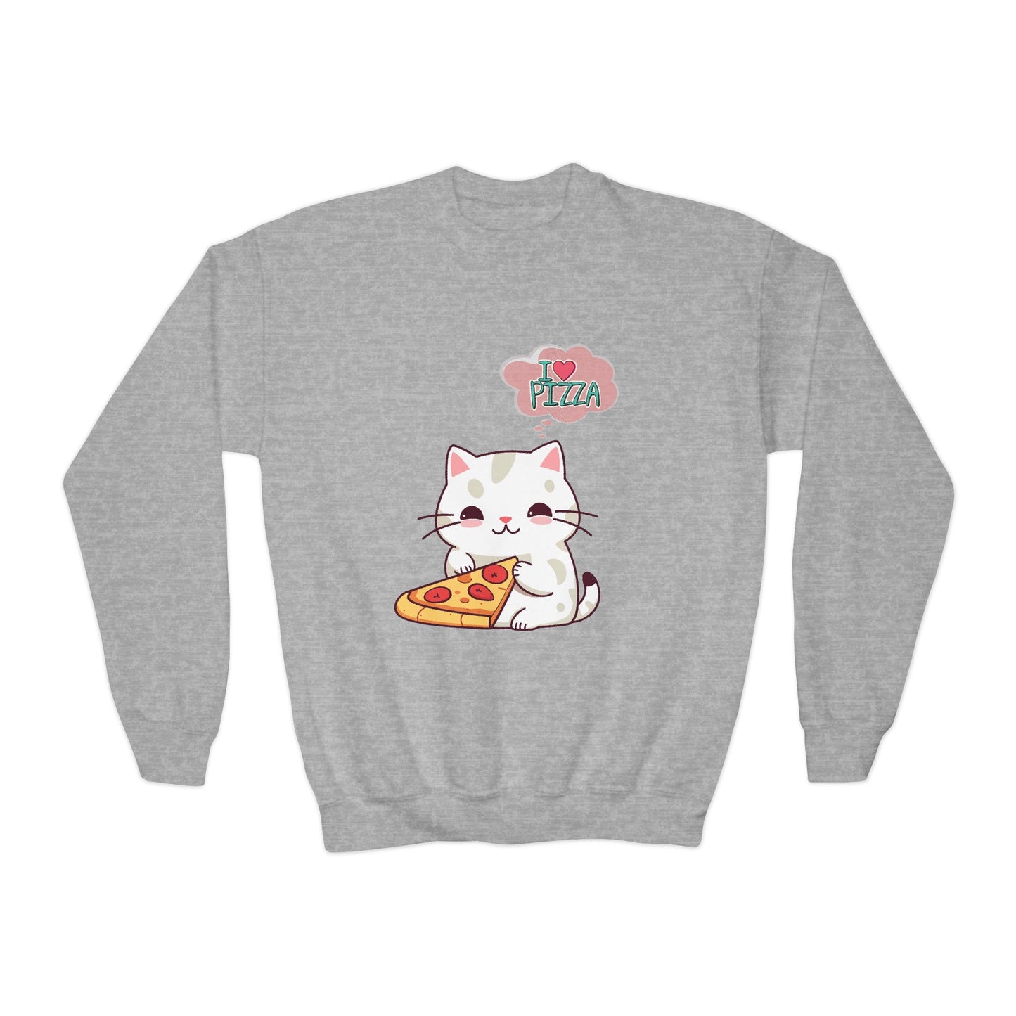 Youth Sweatshirt Cozy Blend 50/50 Cotton Polyester Loose Fit Medium-Heavy Fabric, Kids Wear, Cute Cat With Pizza, I Love Pizza, Comfortable And Stylish