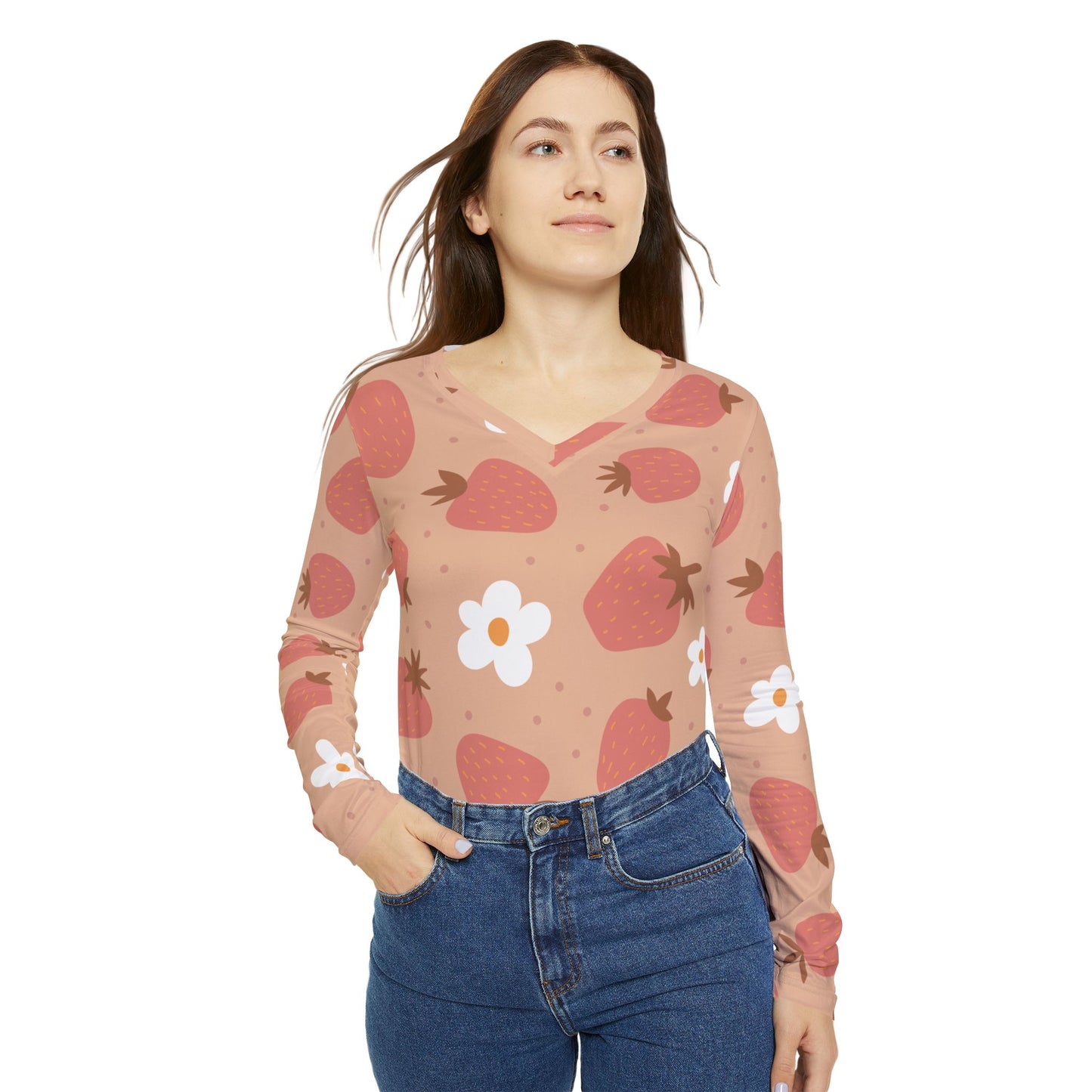 Women's V-neck Shirt, Cute Strawberry Flower Design, Comfortable And Stylish, Women's Wear, Minimal Yet Classy