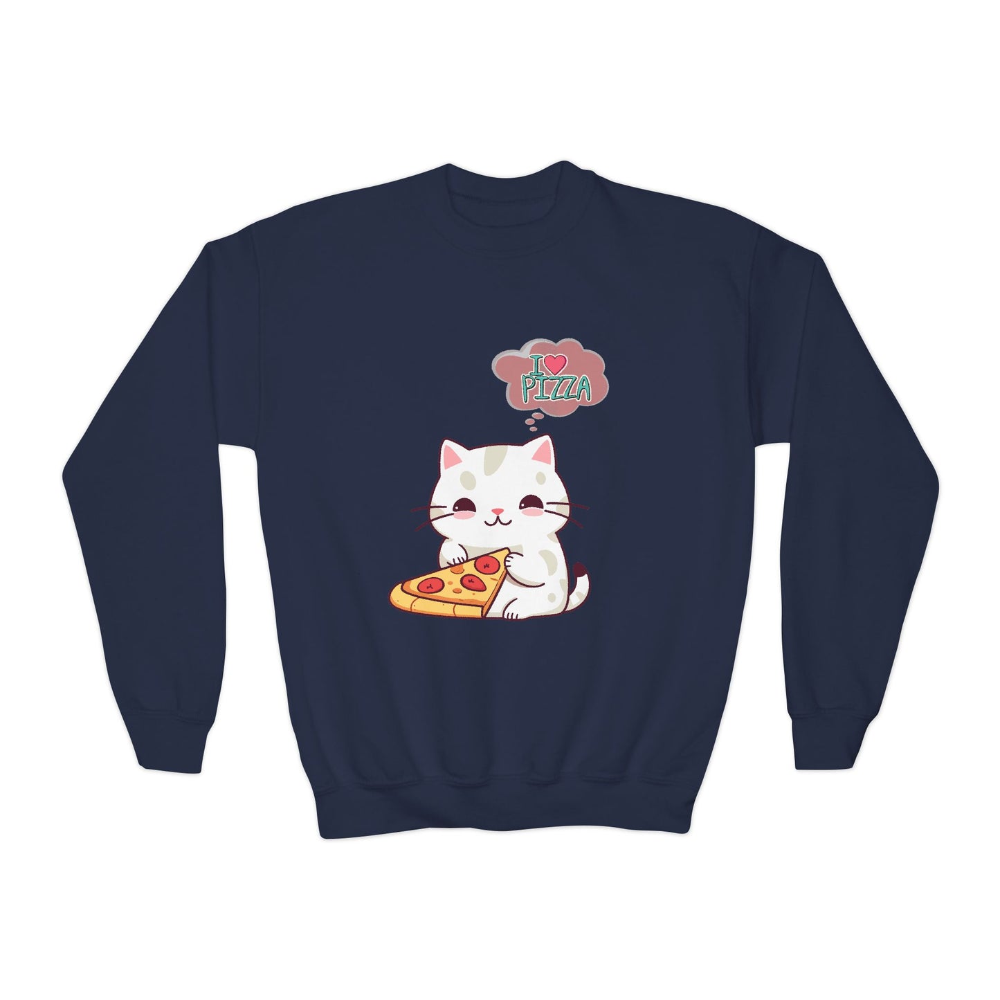 Youth Sweatshirt Cozy Blend 50/50 Cotton Polyester Loose Fit Medium-Heavy Fabric, Kids Wear, Cute Cat With Pizza, I Love Pizza, Comfortable And Stylish