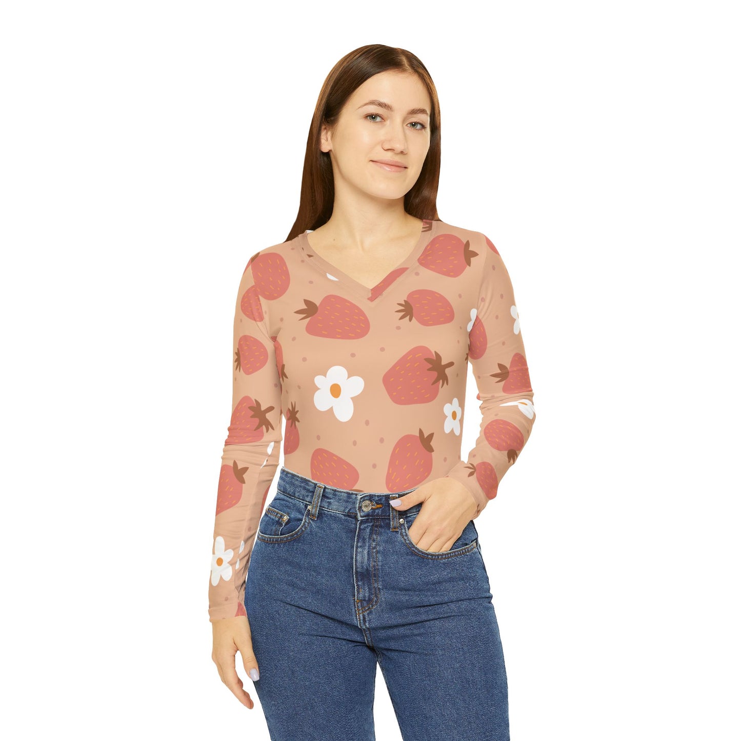 Women's V-neck Shirt, Cute Strawberry Flower Design, Comfortable And Stylish, Women's Wear, Minimal Yet Classy