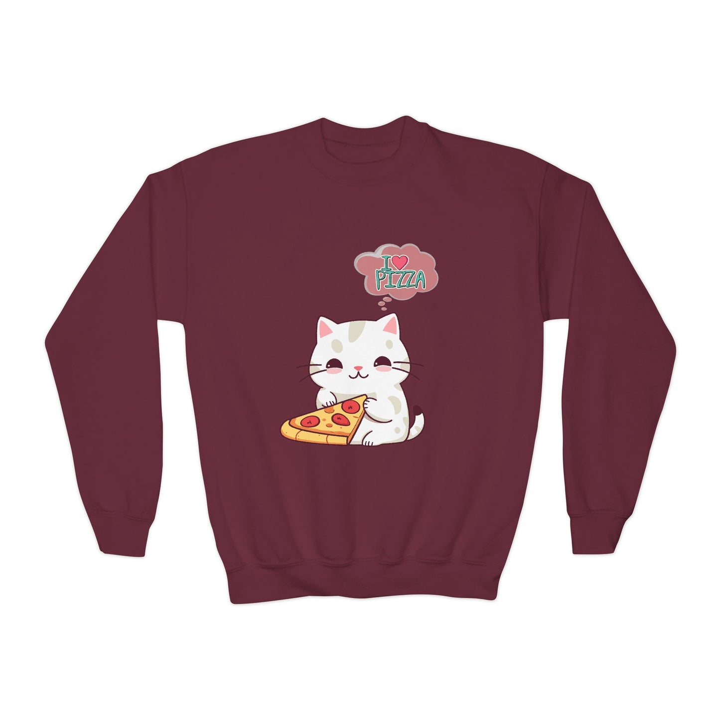 Youth Sweatshirt Cozy Blend 50/50 Cotton Polyester Loose Fit Medium-Heavy Fabric, Kids Wear, Cute Cat With Pizza, I Love Pizza, Comfortable And Stylish