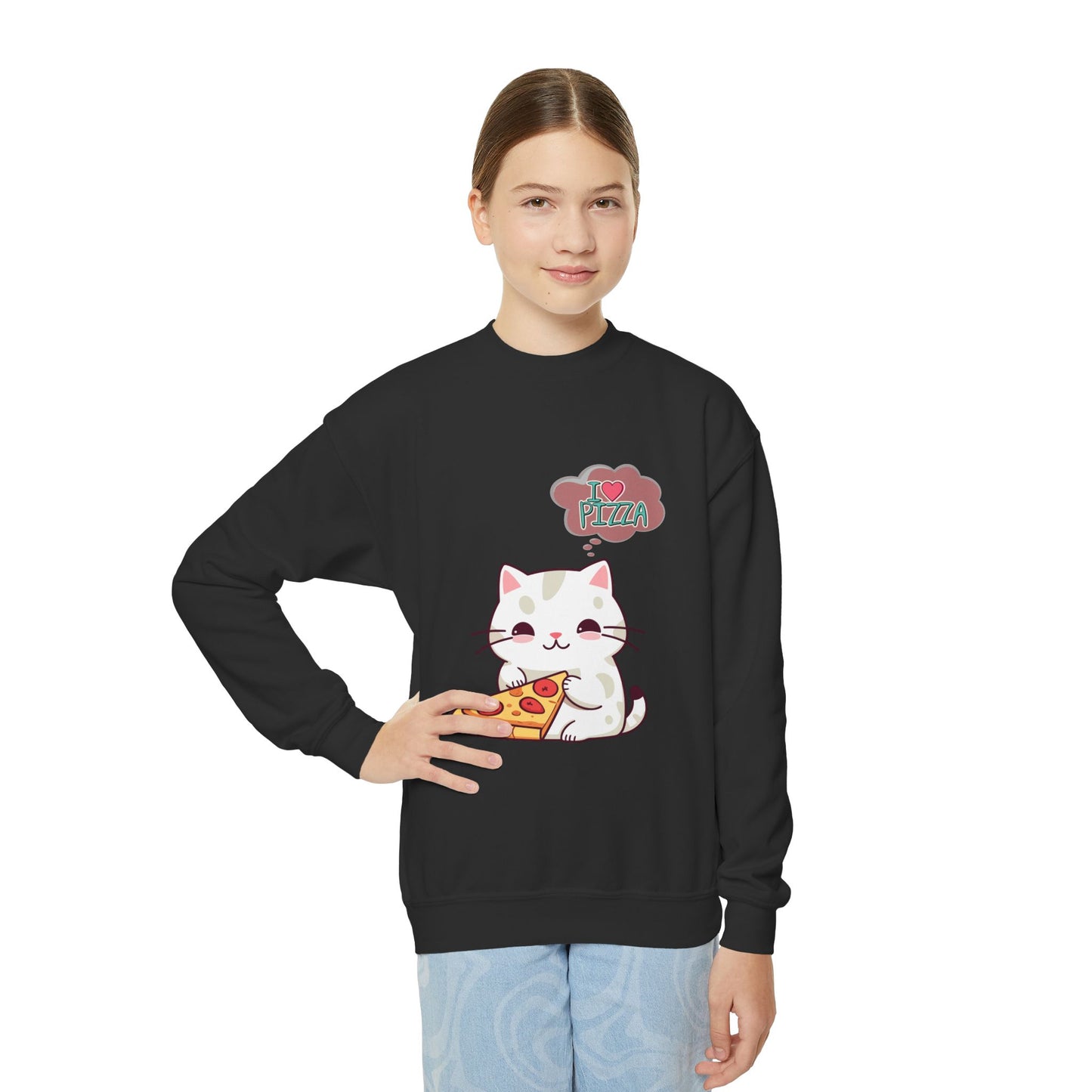 Youth Sweatshirt Cozy Blend 50/50 Cotton Polyester Loose Fit Medium-Heavy Fabric, Kids Wear, Cute Cat With Pizza, I Love Pizza, Comfortable And Stylish