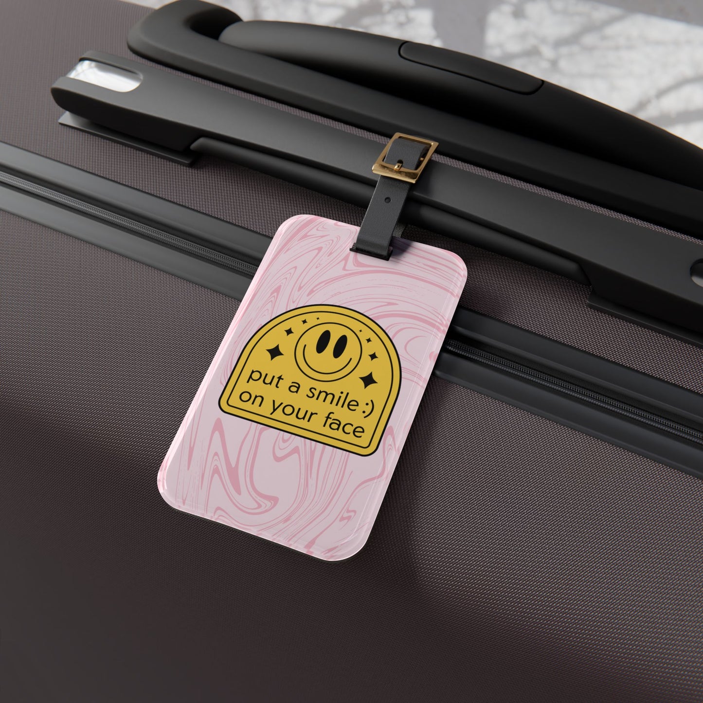 Fun Smiley Luggage Tag – 'Put a Smile on Your Face' Travel Accessory